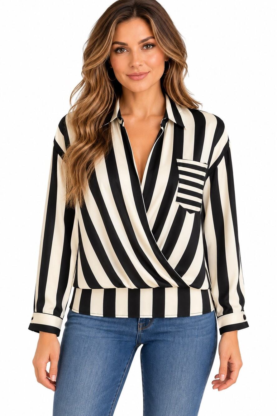 Love Culture Black & White Wide Striped Wrap Longsleeve Blouse Medium Dressy EUC